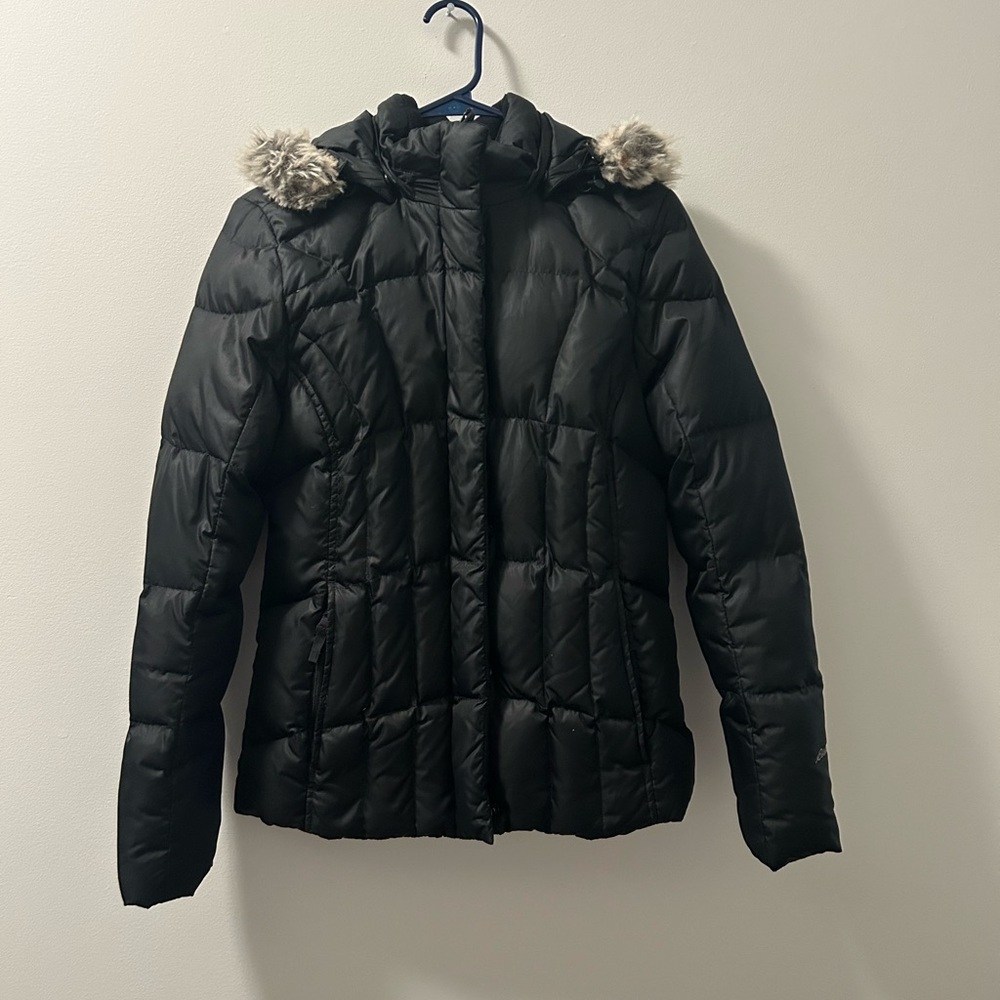 Eddie Bauer Black Puffer down Coat with Faux Fur Collar